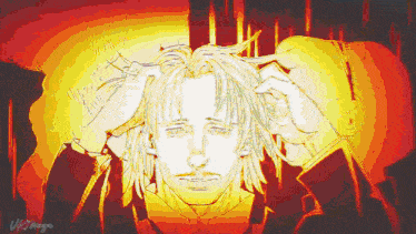 a drawing of a man 's head with a red background