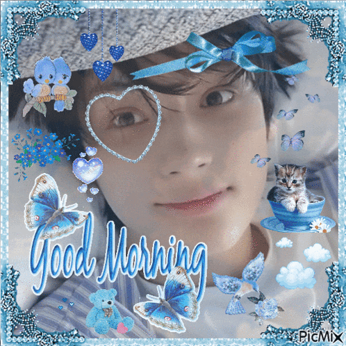 a picture of a boy with butterflies and the words " good morning "