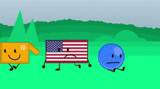 three cartoon characters are walking in a field including an american flag and a blue circle
