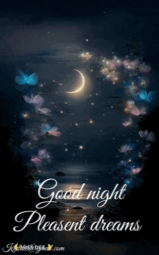 a good night pleasant dreams greeting card with a crescent moon surrounded by butterflies and stars .