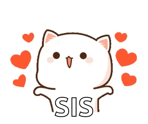 a cartoon cat is surrounded by hearts and the word sis is written below it .