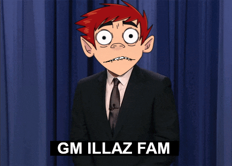 a cartoon character in a suit and tie with the words gm illaz fam on the bottom