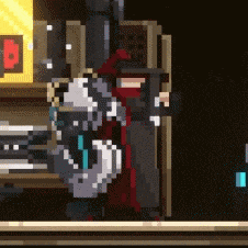 a pixel art of a man holding a gun in a dark room