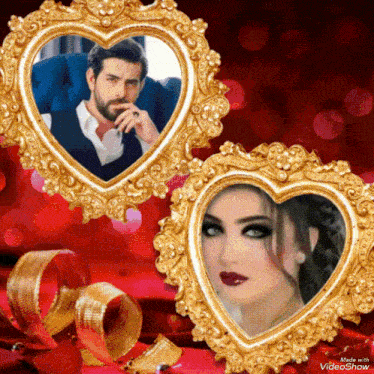 two heart shaped frames with a man and a woman in them