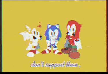 three cartoon characters are standing next to each other on a yellow background .