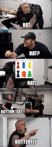 a man in a black shirt is pointing at a picture of chess pieces and says " hat "