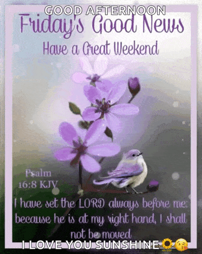 a good afternoon friday 's good news have a great weekend with purple flowers and a bird .