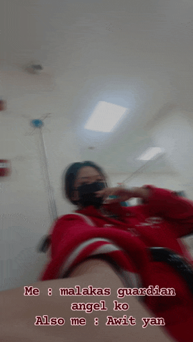a blurry picture of a woman wearing a mask with the words me malakas guardian angel ko also me awit yan