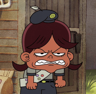 a cartoon character with a beret on her head making an angry face