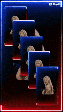 a woman with blonde hair is surrounded by red and blue neon frames