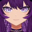 a close up of a anime girl with purple hair and purple eyes .