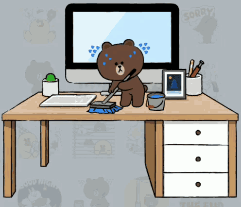 a cartoon of a brown bear cleaning a desk with the word sorry on the bottom right