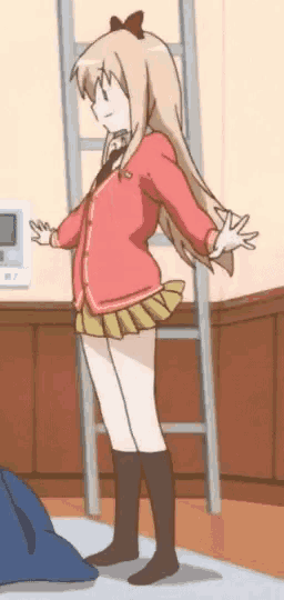 a girl in a red jacket and skirt stands in front of a ladder