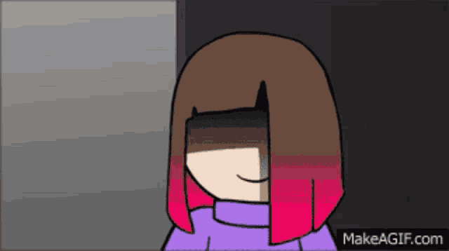 a cartoon of a girl with brown and pink hair