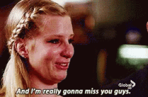 a woman is crying with the words and i 'm really gonna miss you guys