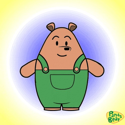 a cartoon of a brown bear wearing green overalls with pants bear written on the bottom
