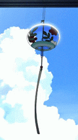 a wind chime hanging from a window with a blue sky behind it