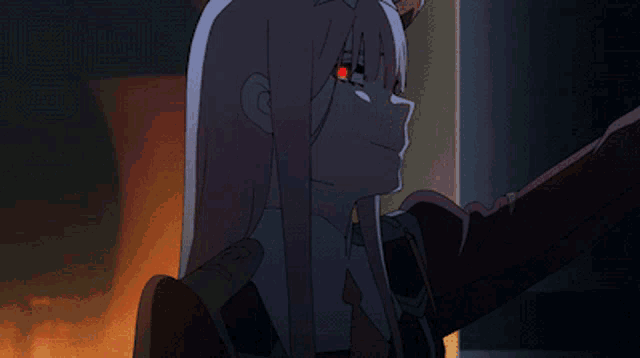 a girl with horns and red eyes is standing in front of a fire