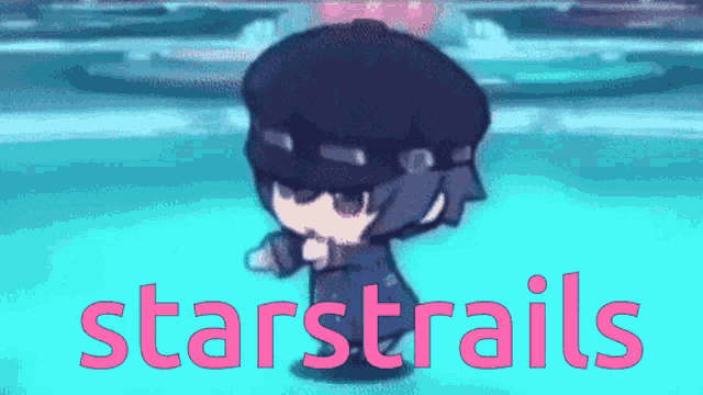 a cartoon character is dancing in front of the words starstrails in pink