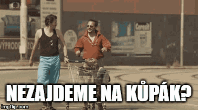 a man pushing a shopping cart next to a woman on roller skates with the words nezajdeme na kupak below them