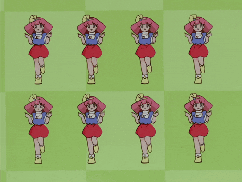 a cartoon girl with pink hair is standing in a row on a green checkered background