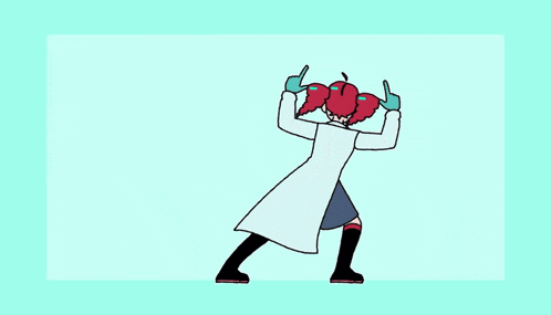 a cartoon of a person in a lab coat holding three apples