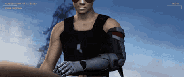 a man with a prosthetic arm is standing in front of a screen that says " mightier hydra for 2.21 globe "