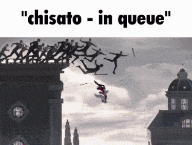 the word chisato is on the top of a picture of people