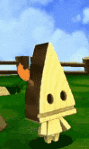 a cartoon character is standing in a grassy field