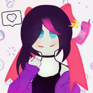 a cartoon girl with long black hair and a choker is holding a pink cell phone .