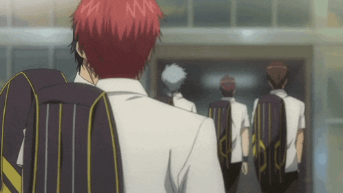 a group of anime characters are walking down a hallway and one has red hair