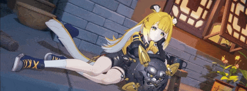 a girl with yellow hair and white hair is laying on the ground .