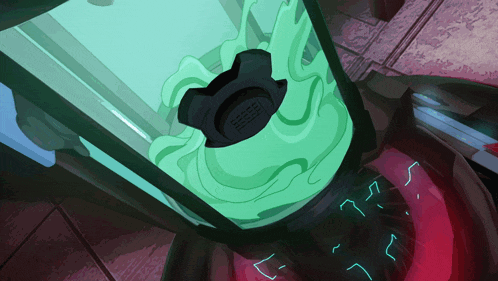 a blender with a green liquid coming out of it and the letter s on the bottom