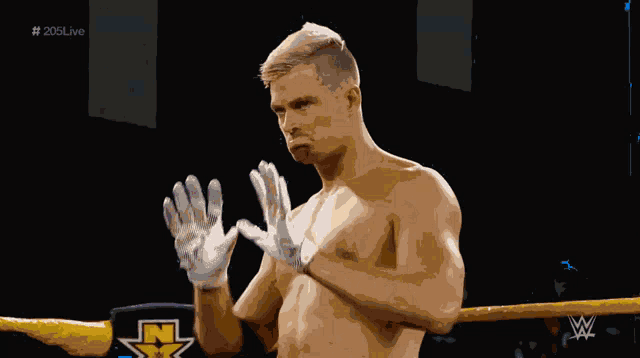 a shirtless wrestler in a wrestling ring with the letters n and w on it