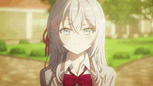 a girl with white hair and a red bow tie is smiling