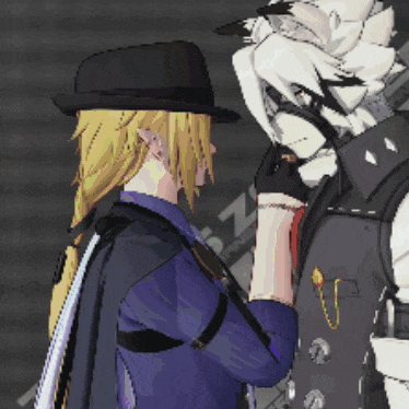 a pixel art of a man wearing a hat standing next to another man