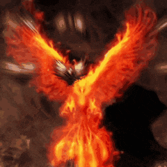 a painting of a phoenix with flames coming out of it 's wings