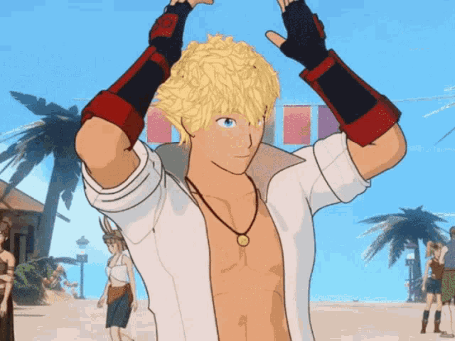 a man in a white shirt and red gloves stands on a beach with his arms in the air