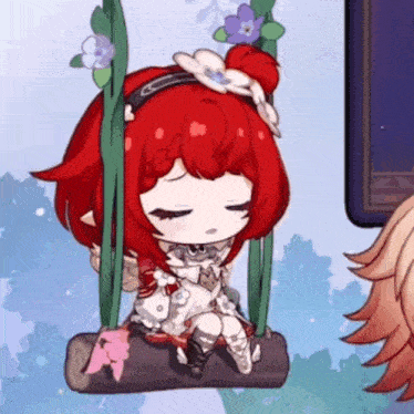 a girl with red hair is sitting on a swing .