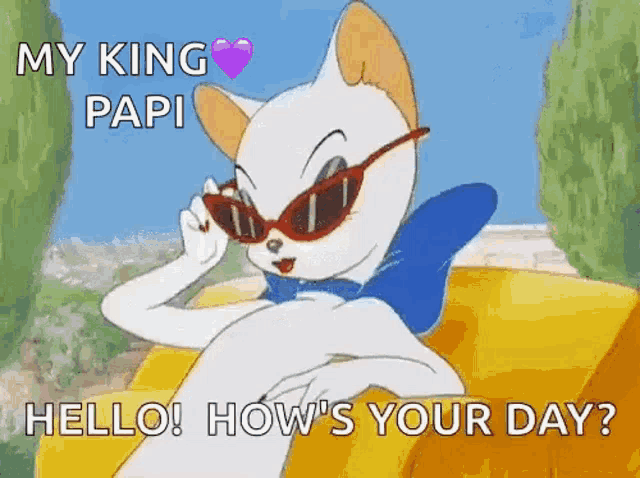 a cartoon cat wearing sunglasses and a bow tie is sitting on a yellow chair .