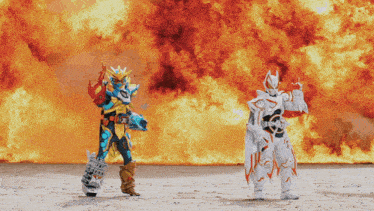 two cartoon characters are standing in front of a fire explosion