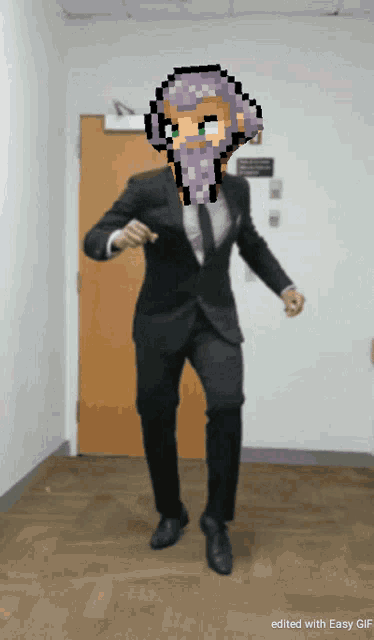 a man in a suit and tie is dancing with a pixelated face on his head