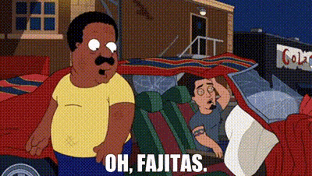 a cartoon of a man standing next to a car with the words oh fajitas .