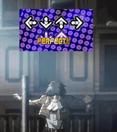a cartoon character is dancing in front of a sign that says perfect