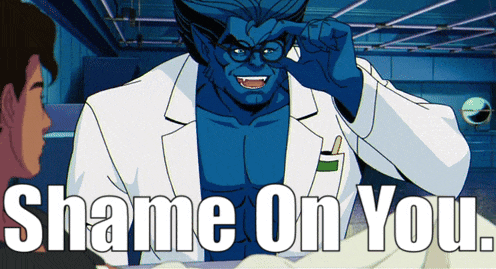 a cartoon of a blue monster with the words shame on you behind him