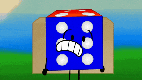 a blue dice with white dots on it 's face is standing in a cardboard box