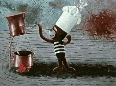 a cartoon character is wearing a chef 's hat and a striped shirt