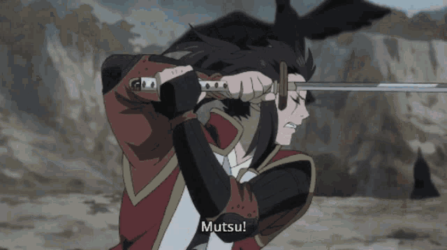 a man is holding a sword and says " mutsu " on the bottom