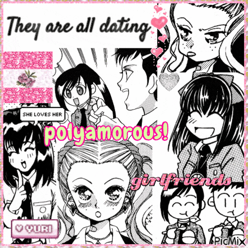 a collage of anime characters with the words they are all dating polyamorous girlfriends at the bottom