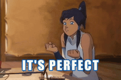 a cartoon girl is sitting at a table with the words it 's perfect written above her .